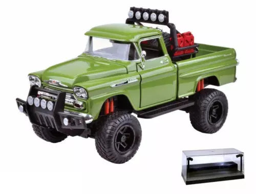 Green diecast pickup truck with LED light bar, with clear display case