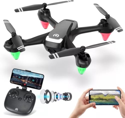 Black quadcopter drone with four propellers and front camera module