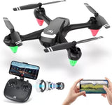 Black quadcopter drone with four propellers and front camera module