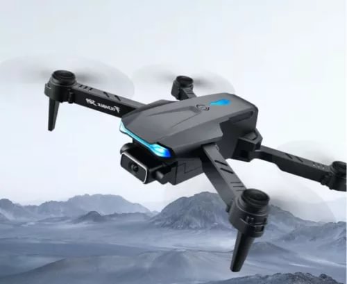 Black quadcopter RC drone with front camera and four propellers