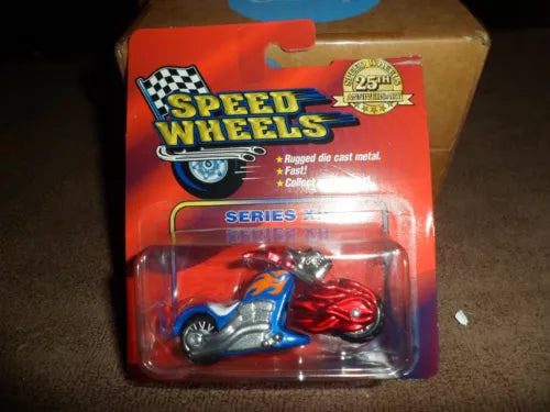 Diecast motorcycle toy in blister pack, blue and red with chrome wheels