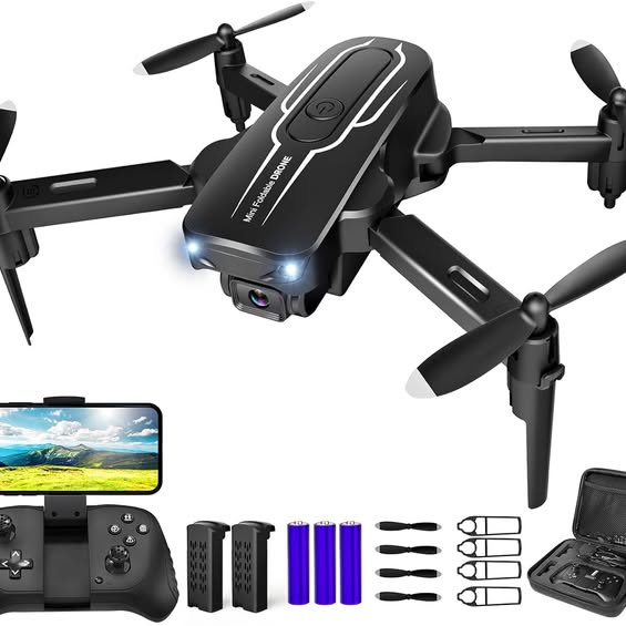 Mini camera drone with foldable propellers, handheld controller and extra parts
