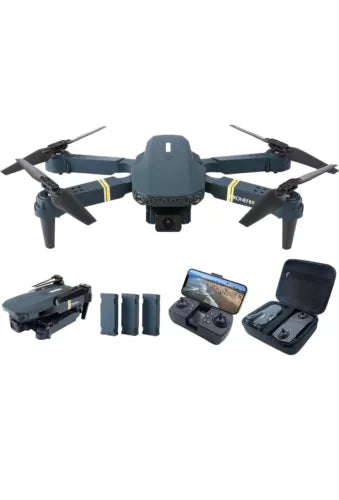 Foldable quadcopter drone with camera and controller, shown with phone mount and case