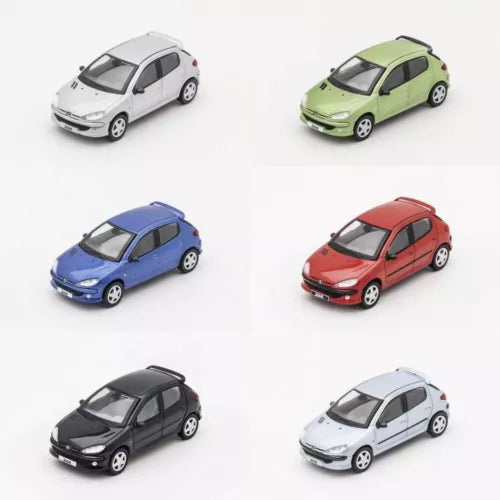 Diecast Peugeot 206 LHD model car set, six 1:64 cars in mixed colors