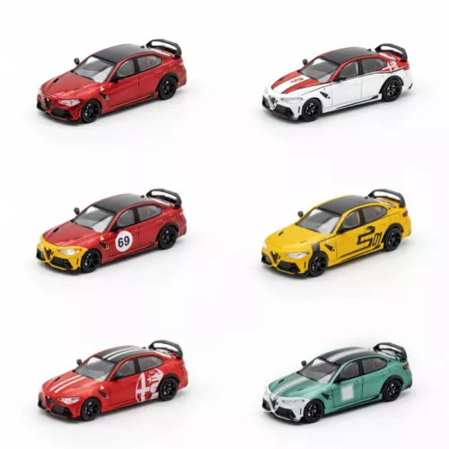 1:64 diecast model car toy in red, white, yellow, and green, front-left view