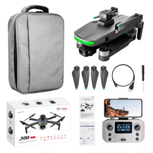 Gray drone carrying case with foldable quadcopter, controller, cables, and spare propellers