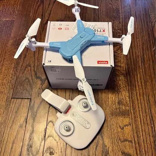 Foldable quadcopter drone with blue-and-white arms and front camera lens