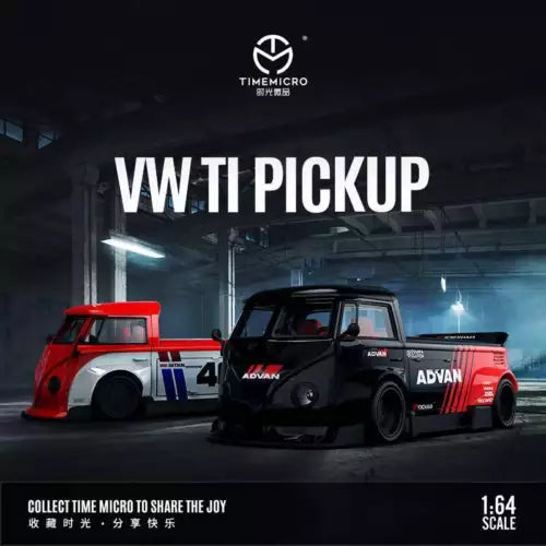 1:64 diecast pickup truck model in black and red with racing stripes