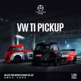1:64 diecast pickup truck model in black and red with racing stripes