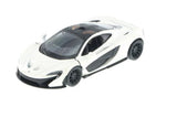 1/36 scale diecast toy car, white with black accents, front three-quarter view