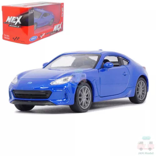Blue diecast model car, front three-quarter view