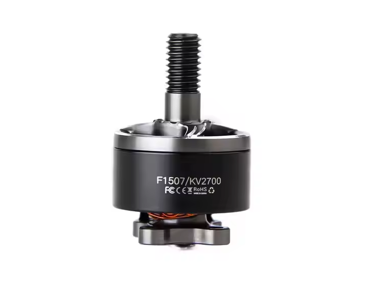 T-MOTOR F1507 FPV motor with black housing and silver threaded shaft, label visible