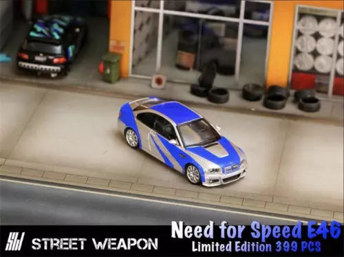 Blue diecast model car with white racing stripes, street E46 style, 1:64 scale
