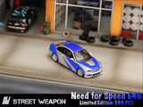 Blue diecast model car with white racing stripes, street E46 style, 1:64 scale