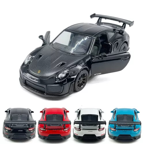 1:36 die-cast sports car model with open doors, dark gray