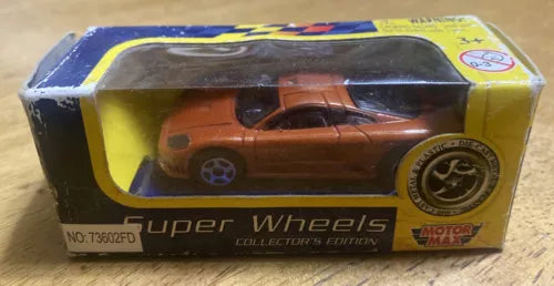 Diecast car in retail box with window, orange car and blue/yellow packaging