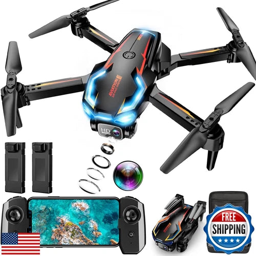 Black quadcopter FPV drone with front camera and four propellers, plus controller accessories