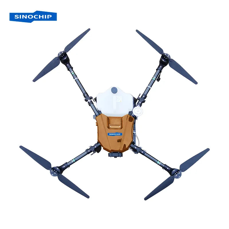 Mini agricultural mapping drone with quad rotors, white body and brown tank