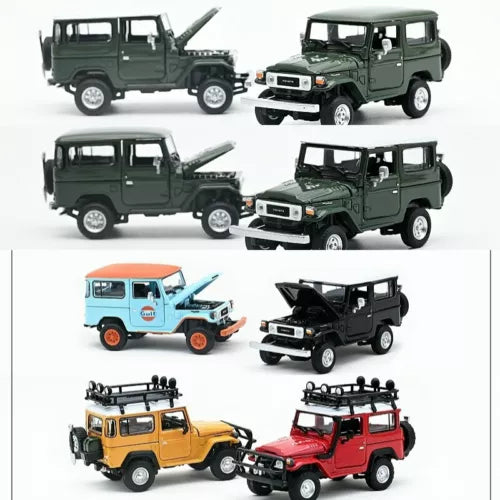 Assorted 1:64 diecast Land Cruiser model cars in green, blue, black, yellow, red