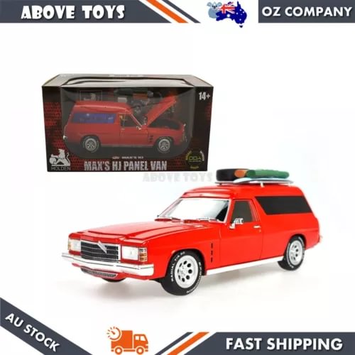 Red 1:24 diecast panel van model with open-box packaging and clear window