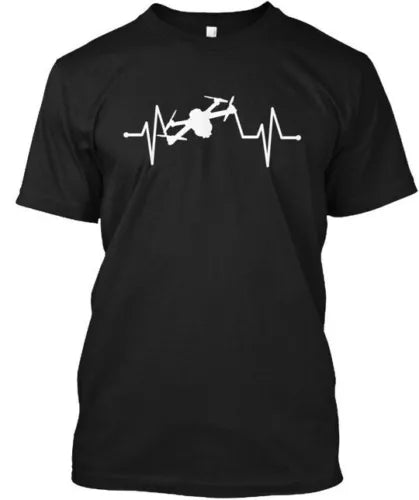 Black crewneck T-shirt with white drone heartbeat graphic