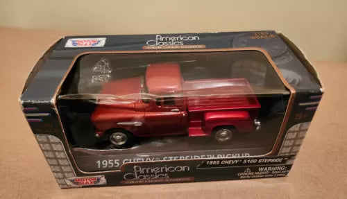 1955 Chevy 5100 stepside diecast truck in box, red pickup with chrome details
