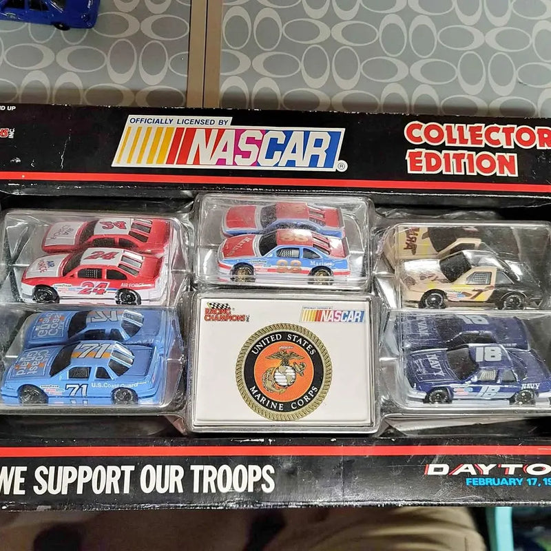 NASCAR military diecast car set with 5 cars in clear display cases