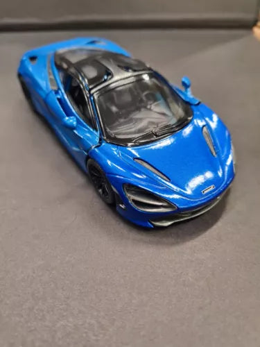 Blue diecast toy sports car, front-left view with open door, 1/36 scale