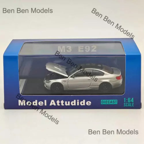 Silver diecast model car in display box, M3 E92
