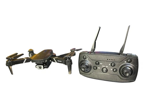 Foldable gray quadcopter drone with remote controller and dual antennas