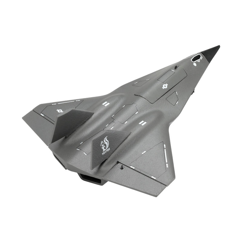 Grey RC fighter jet model aircraft with fixed wings and dual tail fins