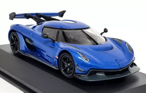 Blue supercar diecast model with black wheels, rear side view on a display base