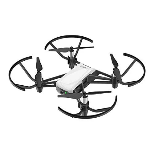 Toy drone with four rotors, light gray body and black prop guards