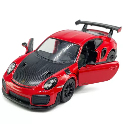 Red diecast sports car model with open driver door and black hood vents