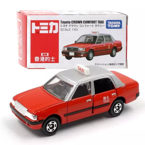 Red and white diecast taxi model car with detailed grille and wheels, 1/65 scale