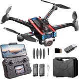 Black quadcopter drone with camera, controller screen, extra propellers and battery pack