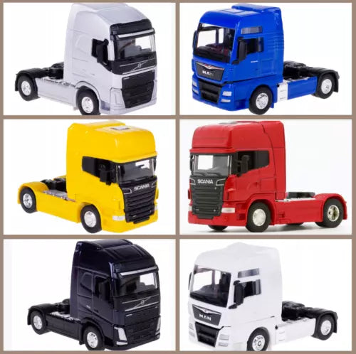 Diecast tractor unit truck toy, assorted colors, 1:64 scale with cab and chassis detail