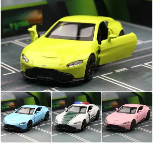 Yellow Aston Martin Vantage diecast model car, front 3/4 view on display base