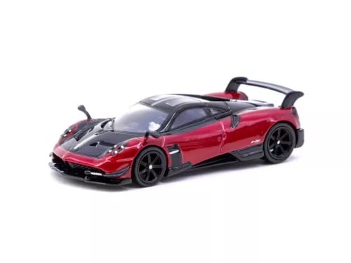 Red and black diecast model sports car with rear spoiler, 1:64 scale