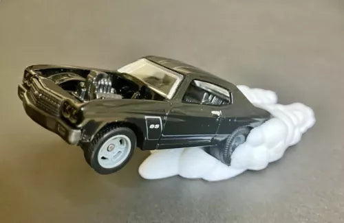 1/64 diecast muscle car display statue, dark grey, front wheel up with white smoke
