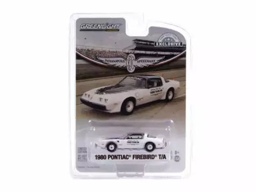 1:64 diecast car in blister pack, white 1980 Pontiac Firebird T/A with black hood