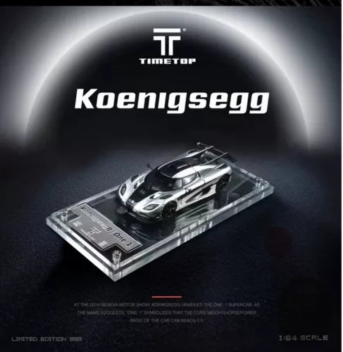 Koenigsegg One1 1:64 alloy diecast car model in clear display case, silver