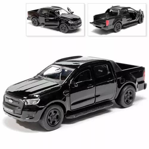 Black Ford Ranger diecast pickup truck model, four-door, front three-quarter view