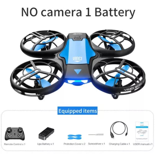 Foldable quadcopter drone with four propellers and blue accents