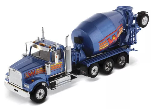 Blue diecast concrete mixer truck with rotating drum, front cab view