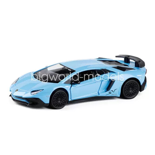Diecast model car Lamborghini Aventador LP750-4 SV, light blue with black accents, front-side view