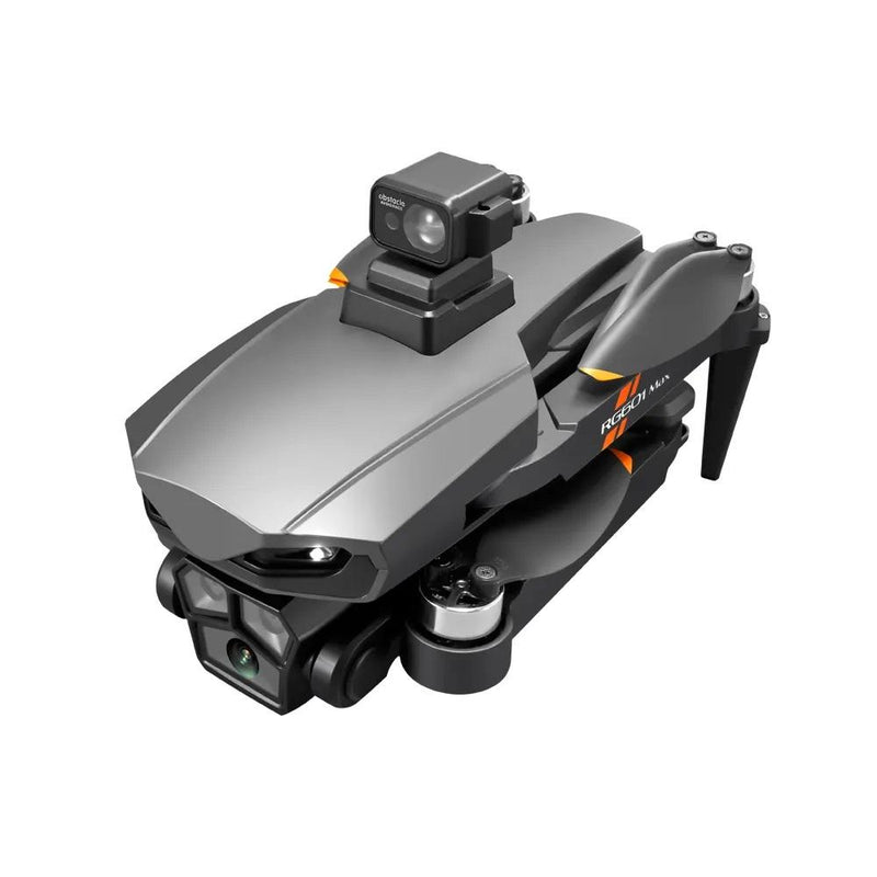 Foldable dual-camera drone with front and top sensors, gray and black body