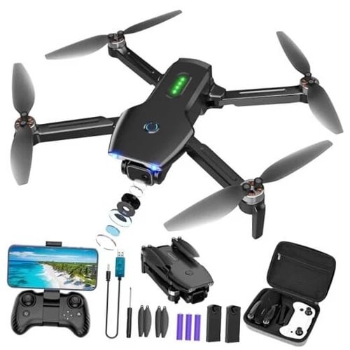 FPV quadcopter drone with mounted camera and four foldable propellers
