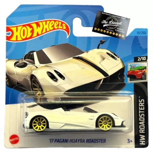Hot Wheels 1:64 diecast Pagani Huayra Roadster on blue blister card, yellow