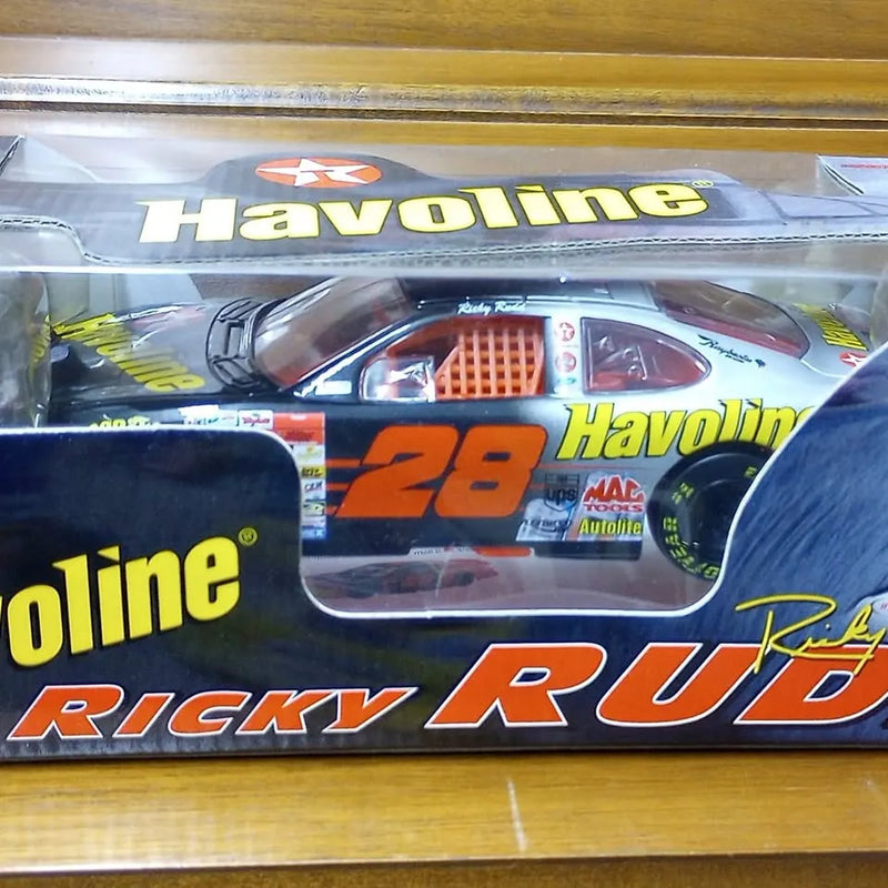 NASCAR #28 Havoline diecast stock car model in open retail box with Ricky Rudd graphics